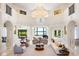 Stunning living room featuring a grand chandelier, elegant furnishings, and views of the water at 570 Manor Rd, Maitland, FL 32751