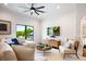 Cozy living area with a modern ceiling fan, a view to the backyard and comfortable seating at 570 Manor Rd, Maitland, FL 32751