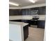 Modern kitchen featuring stainless steel appliances and dark cabinets with quartz countertops at 604 Sarner Pass Way, Winter Haven, FL 33881