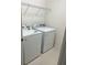 Functional laundry room with a modern white washer and dryer, plus wire shelving at 604 Sarner Pass Way, Winter Haven, FL 33881
