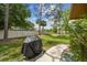 Lush backyard with a grill, mature trees, and a view of a tranquil pond in a serene setting at 194 Heron Bay Cir, Lake Mary, FL 32746