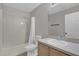 Bathroom featuring a shower-tub combo, white toilet, vanity with sink and a mirror at 1701 Smoketree Cir, Apopka, FL 32712