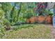 Backyard with a wooden fence covered with plants and a lawn with scattered fallen leaves at 275 W 4Th St, Chuluota, FL 32766