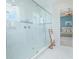 Large glass walk-in shower features dual shower heads and tile accent wall at 7831 Dausset St, Orlando, FL 32827