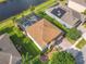 An aerial view of a home with pool, brick driveway, verdant landscaping, and solar panels on a neighboring home at 2145 Plantation Oak Dr, Orlando, FL 32824
