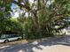 Street view of property with mature trees, car and some vegetation on the overgrown lot at 2520 Raehn St, Orlando, FL 32806