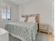 Cozy bedroom with patterned bedding, bamboo headboard, side table, and shuttered window for natural light at 5 Riverwalk Dr # 604, New Smyrna Beach, FL 32169