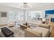 Spacious living room featuring modern decor, a view of the water, and seamless flow into the kitchen area at 10339 Kensington Shore Dr # J-202, Orlando, FL 32827