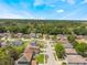 Aerial view showcasing the neighborhood's lush landscaping and well-maintained homes under a blue sky at 122 Oak View Pl, Sanford, FL 32773