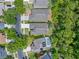 An aerial view of homes in a neighborhood, featuring a pool and mature trees at 14750 Hartford Run Dr, Orlando, FL 32828