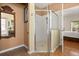 Bathroom showcasing an open shower, decorative mirror, and wood-look tile flooring at 24104 Peekskill St, Leesburg, FL 34748