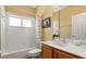 Well-lit bathroom featuring a shower-tub combo, single sink vanity, and a neutral color scheme at 24104 Peekskill St, Leesburg, FL 34748