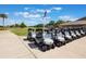 Row of golf carts parked on pavement, near a golf course under a bright blue sky at 3004 Cottage Grove Ct # 1805, Orlando, FL 32822
