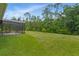 View of the grassy backyard with a screened patio, surrounded by lush, mature trees at 3824 Gulf Shore Cir, Kissimmee, FL 34746