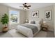 Cozy bedroom featuring soft carpet, a ceiling fan, bright windows, and tasteful decorative wall art at 4153 Cortland Dr, Davenport, FL 33837