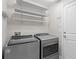 Well-equipped laundry room featuring modern washer and dryer with convenient shelving at 4153 Cortland Dr, Davenport, FL 33837