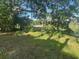 Scenic backyard view featuring mature trees, lush greenery, and a tranquil dock extending into the lake at 91 N Triplet Lake Dr, Casselberry, FL 32707
