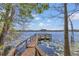 Long wooden dock extends over the still lake water, lily pads float on the surface at 9222 Charles E Limpus Rd, Orlando, FL 32836