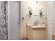 Cozy bathroom featuring neutral-toned vanity with a sink, mirror, and a decorative floral arrangement at 117 Orange Ridge Dr, Longwood, FL 32779