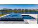 Backyard pool featuring intricate tile details, community lake views, and manicured lawn at 13828 Tybee Beach Ln, Orlando, FL 32827