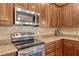 Close up of a modern kitchen with stainless steel oven, microwave, and granite countertops at 2401 Home Again Rd, Apopka, FL 32712