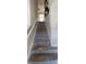 Carpeted staircase with white railing leading upstairs in a home with neutral paint and modern decor at 402 Cool Summer Ln, Davenport, FL 33837