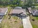 An aerial view of a fenced home and screened in pool, including a long driveway and well-manicured landscaping at 1296 Gage Ave, Deltona, FL 32738