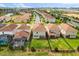 An aerial view displays the harmonious arrangement of homes, lawns, and a serene pond in a Primary-planned community at 8991 Fluffy Lie Ct, Davenport, FL 33896