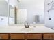 Well-lit bathroom featuring a single sink with a brown cabinet and a large mirror at 9076 Lake Avon Dr, Orlando, FL 32829