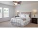 Bedroom features a neutral color palette, carpet, ceiling fan, and two large windows for natural light at 1391 Dalkeith Cv, Sanford, FL 32771