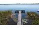 Long community dock extends into a calm lake with aquatic plants, perfect for peaceful enjoyment at 3679 Julius Estates Blvd, Winter Haven, FL 33881