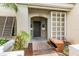Charming front entrance with a decorative facade, a dark front door, and a walkway, creating a welcoming approach to the home at 4504 Alberto Cir, Kissimmee, FL 34746