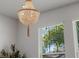Close up of bedroom chandelier with palm trees visible through the windows at 327 Island Sound Ct, Longwood, FL 32779