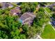 Aerial view of a secluded home featuring a screened pool surrounded by mature trees and lush green landscaping at 3831 River Hollow Ct, Oviedo, FL 32765