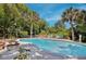 Beautifully landscaped pool area with seating and mature palm trees, perfect for relaxation at 623 Green Meadow Ave, Maitland, FL 32751