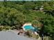 Aerial view of a home featuring a private pool surrounded by lush landscaping and tropical palm trees at 623 Green Meadow Ave, Maitland, FL 32751