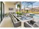Covered outdoor dining area with a long table, seating, and views of the pool and backyard at 6301 Sand Skipper Rd, Orlando, FL 32821