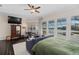 Comfortable main bedroom with a sitting area, large windows, hardwood floors, and a view of the pool at 709 Cricklewood Ter, Lake Mary, FL 32746