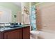 Bathroom with dark wood vanity, large mirror, tiled shower, and blue accents at 7351 Spring Mountain Ln, Yalaha, FL 34797