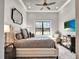 Serene bedroom with a luxurious upholstered bed, stylish decor, and a view of the lush surroundings at 971 Golden Bear Dr, Reunion, FL 34747