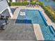 Aerial view of a sparkling pool and spa with lounge chairs overlooking a lush backyard at 971 Golden Bear Dr, Reunion, FL 34747