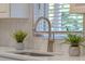 Close up of kitchen sink with quartz countertops, modern faucet, and greenery at 1105 Lake Nettie Dr, Eustis, FL 32726