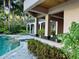 Outdoor entertainment area with a pool, landscaping, and covered patio at 1105 Lake Nettie Dr, Eustis, FL 32726