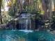 Backyard waterfall feature flowing into the pool with lush tropical foliage at 1105 Lake Nettie Dr, Eustis, FL 32726