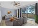 Inviting living room with stylish decor, wood floors, a ceiling fan, and sliding glass doors at 1236 S Beach Cir, Kissimmee, FL 34746