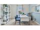 Stylish home office with blue chairs, a large white desk, modern shelving and a view of the outside at 33640 Seattle Slew Dr, Sorrento, FL 32776