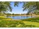 Scenic view of the tranquil pond surrounded by lush green grass and mature trees, creating a peaceful outdoor setting at 8440 Woburn Ct, Windermere, FL 34786
