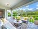 Inviting covered patio with stone pavers, comfortable seating, and lush green landscaping offering a relaxing outdoor space at 9421 Dugard Ct, Orlando, FL 32827