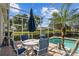 Relaxing poolside patio featuring a dining set and a beautiful view of the pool and landscaped backyard at 11401 Willow Stowe Ln, Windermere, FL 34786