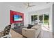 Bright living room features contemporary design, a mounted TV, comfortable seating, and sliding glass doors at 11734 Lake Willis Dr, Orlando, FL 32821